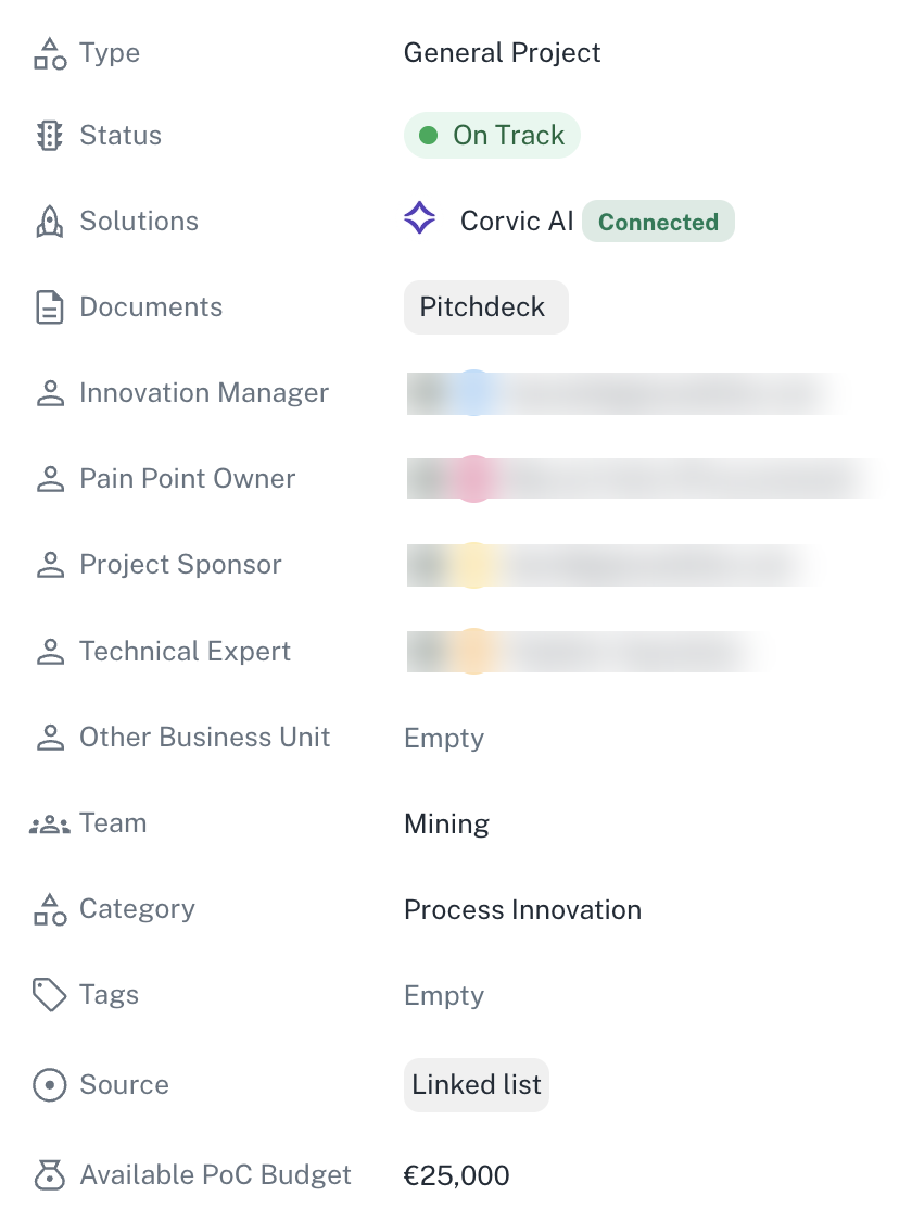 Project details panel showing Type, Status, Solutions, Documents, and stakeholder fields