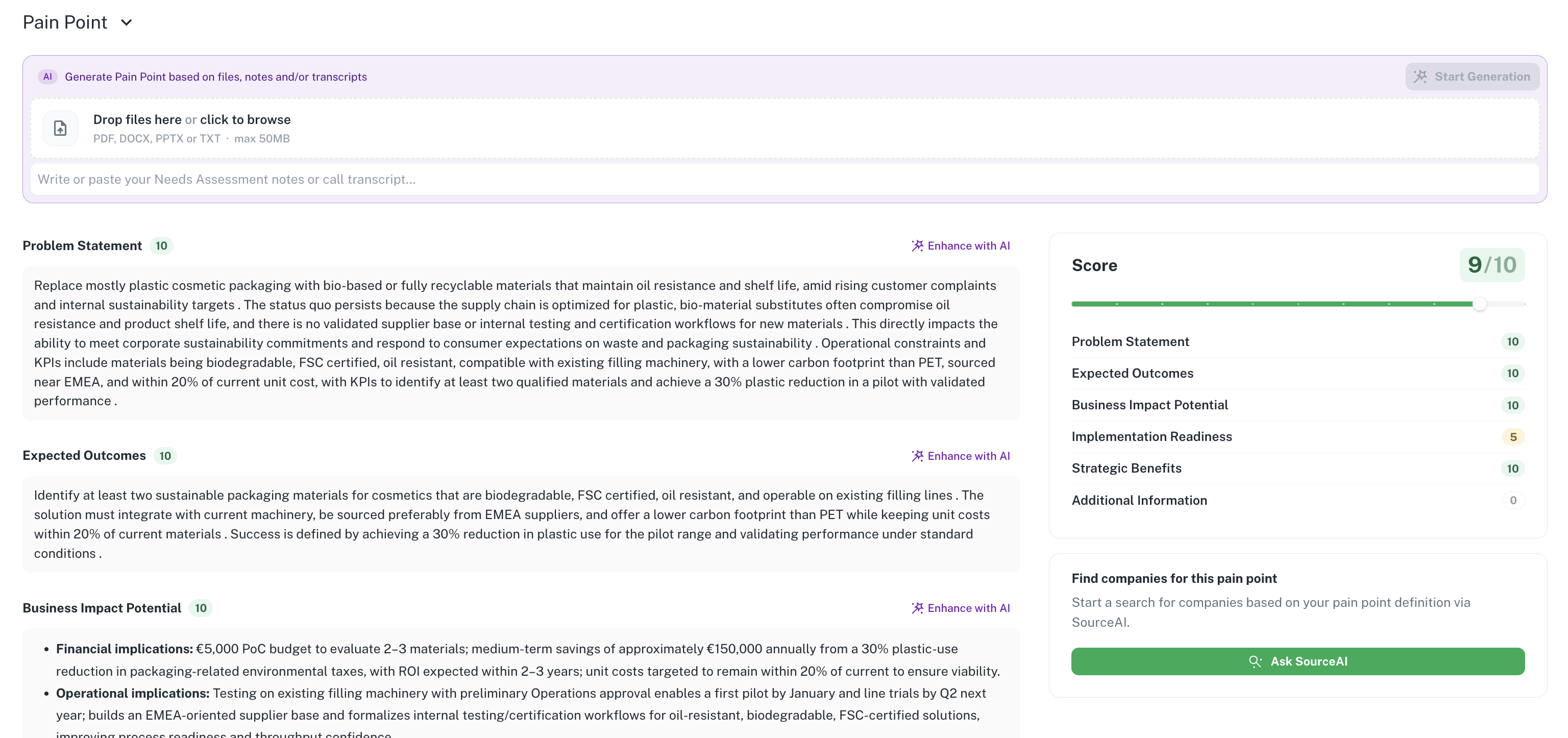 Pain Point section with AI generation, scored fields, and a Score breakdown panel