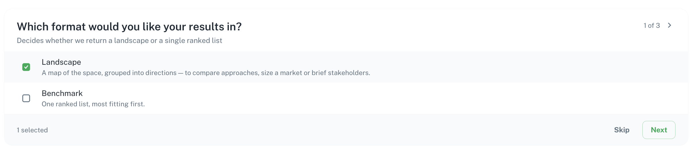 Guided Search, step 1 of 3: choosing Landscape or Benchmark as the result format