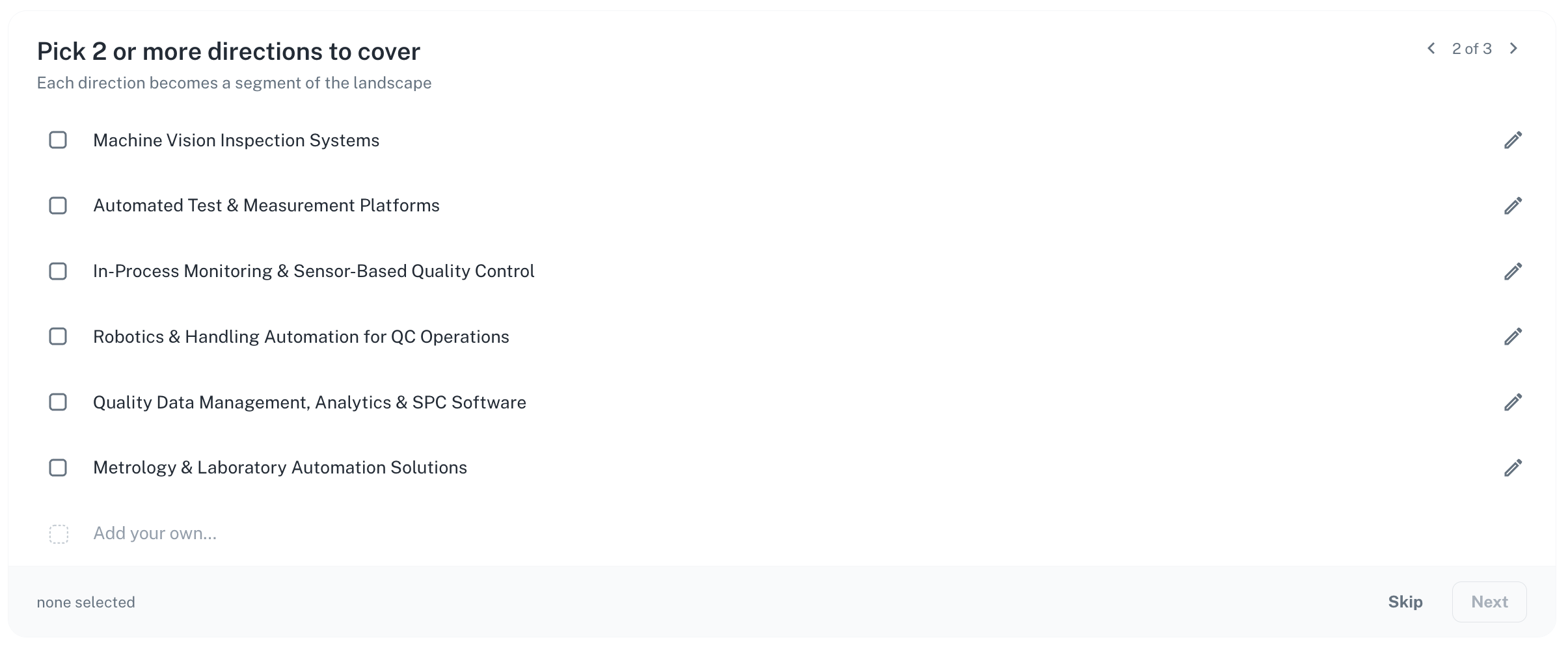 Guided Search, step 2 of 3: picking the categories the landscape should cover