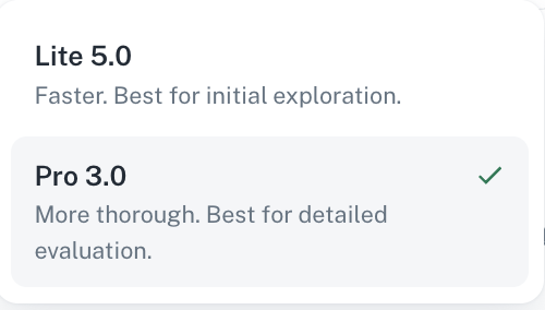 Model selector with Pro 3.0 selected for a detailed evaluation